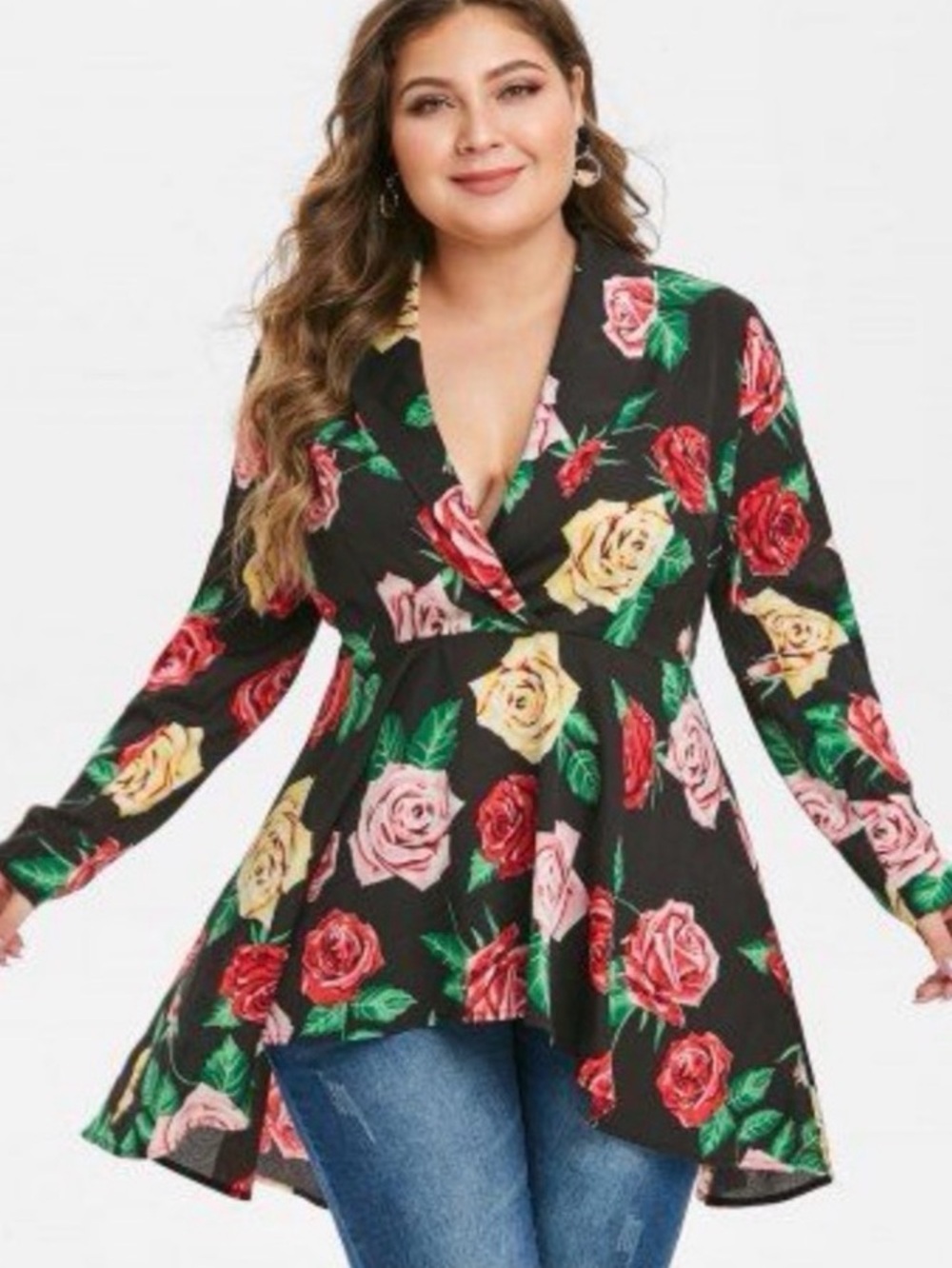 Plunging Neck High Low Multi-Colored Floral Blouse (3X/20)